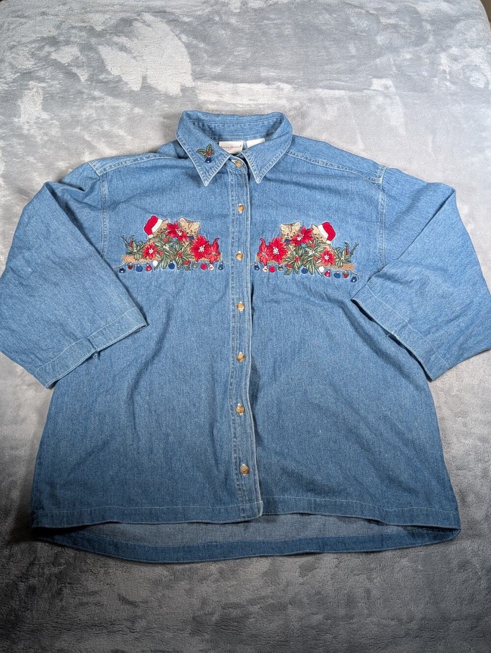 vintage Bobbie Brooks embroidered Christmas denim button up Poinsettia Kittens L
